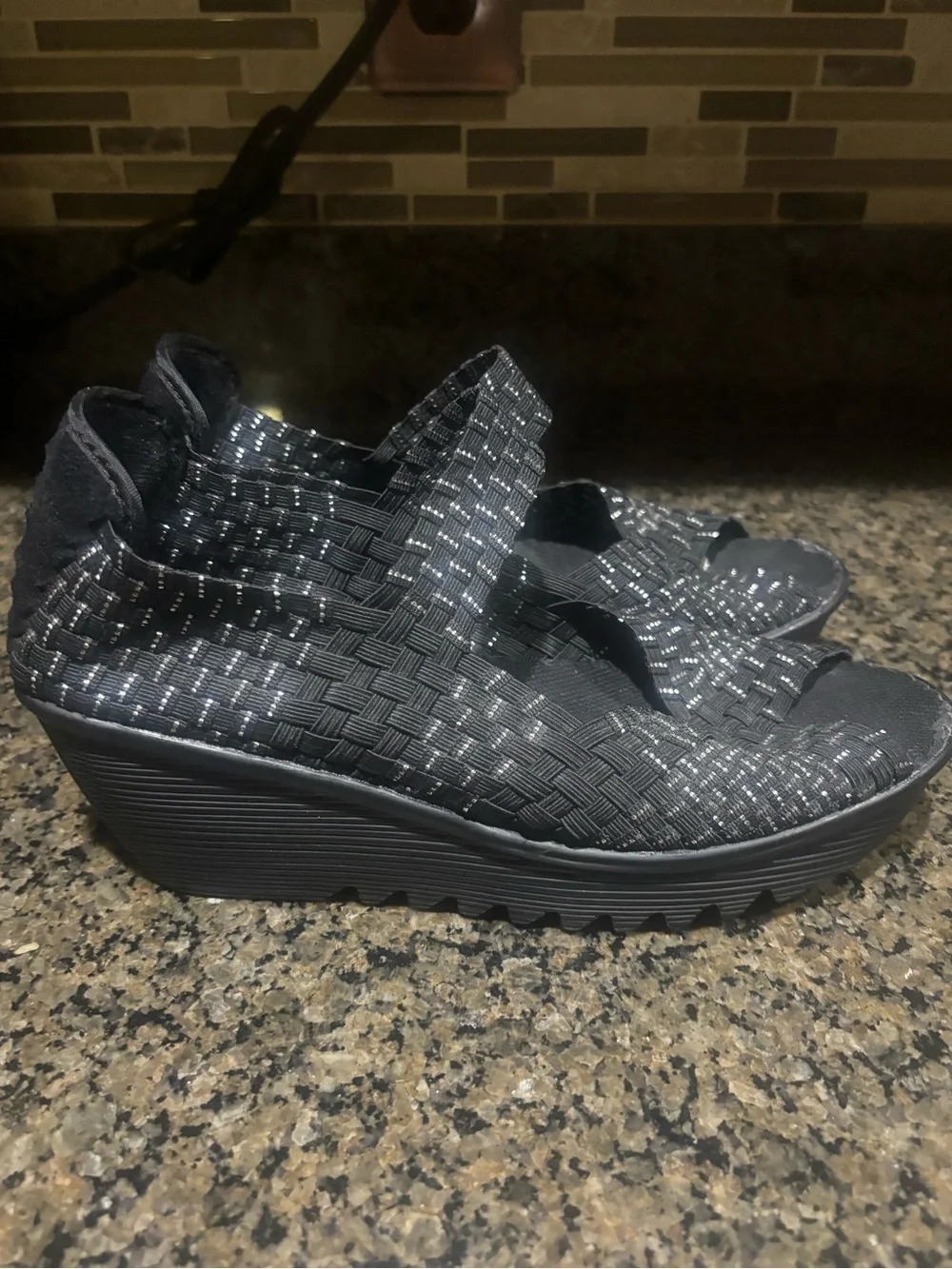 bernie mev. Black Woven Elastic Platform Espadrilles
